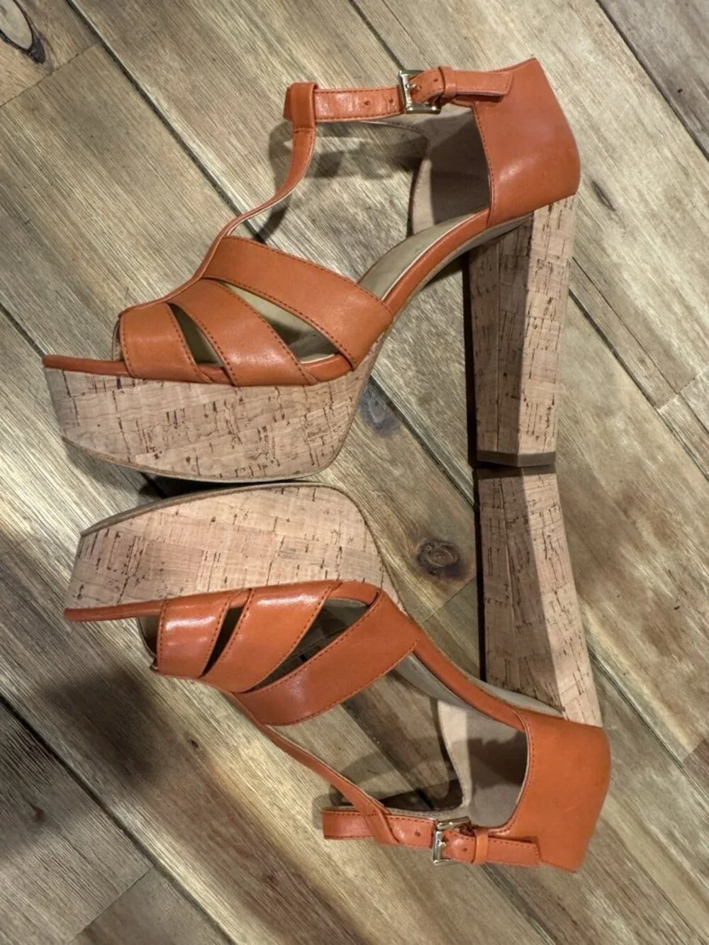 Michael Kors Mercer Platform Heels Cork & Leather Orange Women's Size 7 1/2